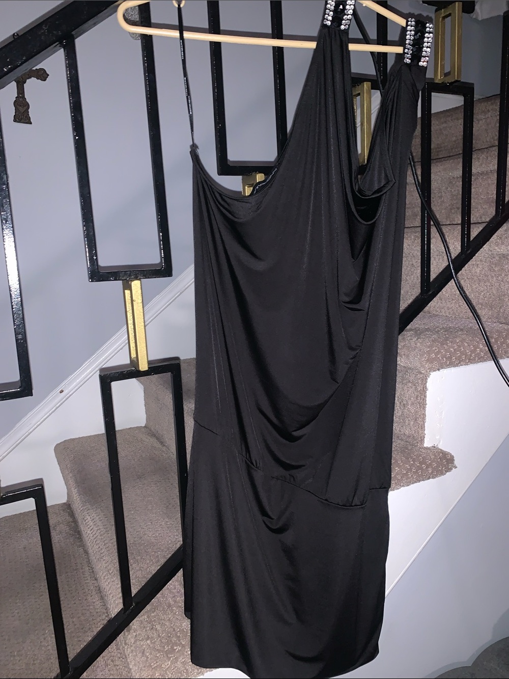 Y2K Black One-Shoulder Draped Cocktail Dress With Cut Out & Rhinestones Arm